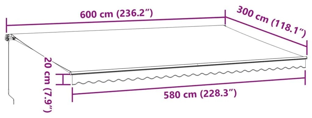 Τέντα Πτυσσόμενη Χειροκίνητη με LED Μπορντό 600x300 εκ. - Κόκκινο