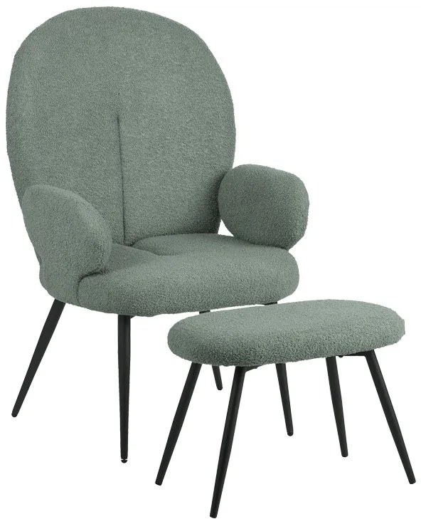 Πολυθρόνα με υποπόδιο Qarar pakoworld μπουκλέ ύφασμα σε μέντα απόχρωση με μαύρα μεταλλικά πόδια 67.5x67.5x106εκ 096-000045