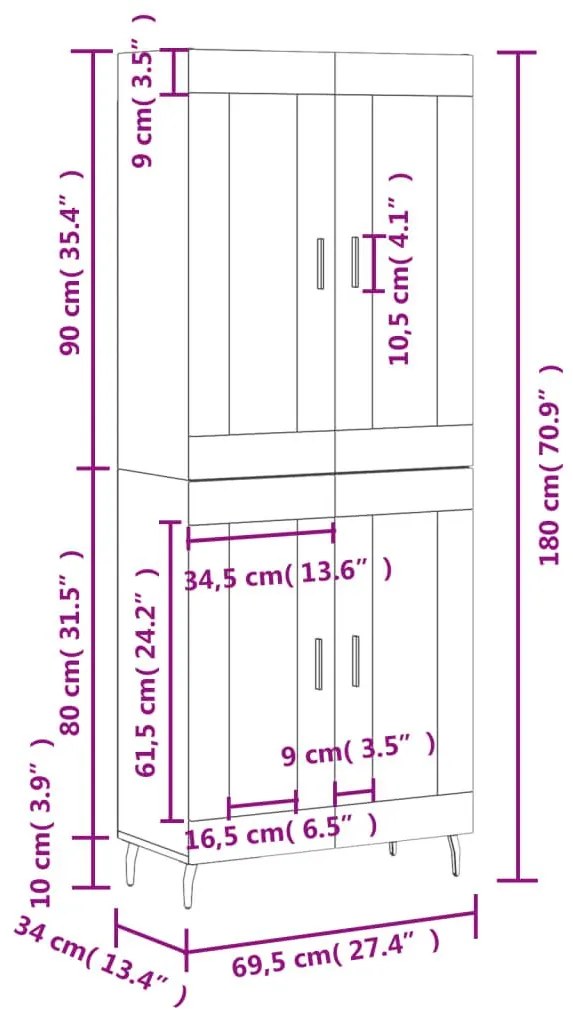 Ντουλάπι Γκρι Sonoma 69,5 x 34 x 180 εκ. Επεξεργασμένο Ξύλο - Γκρι