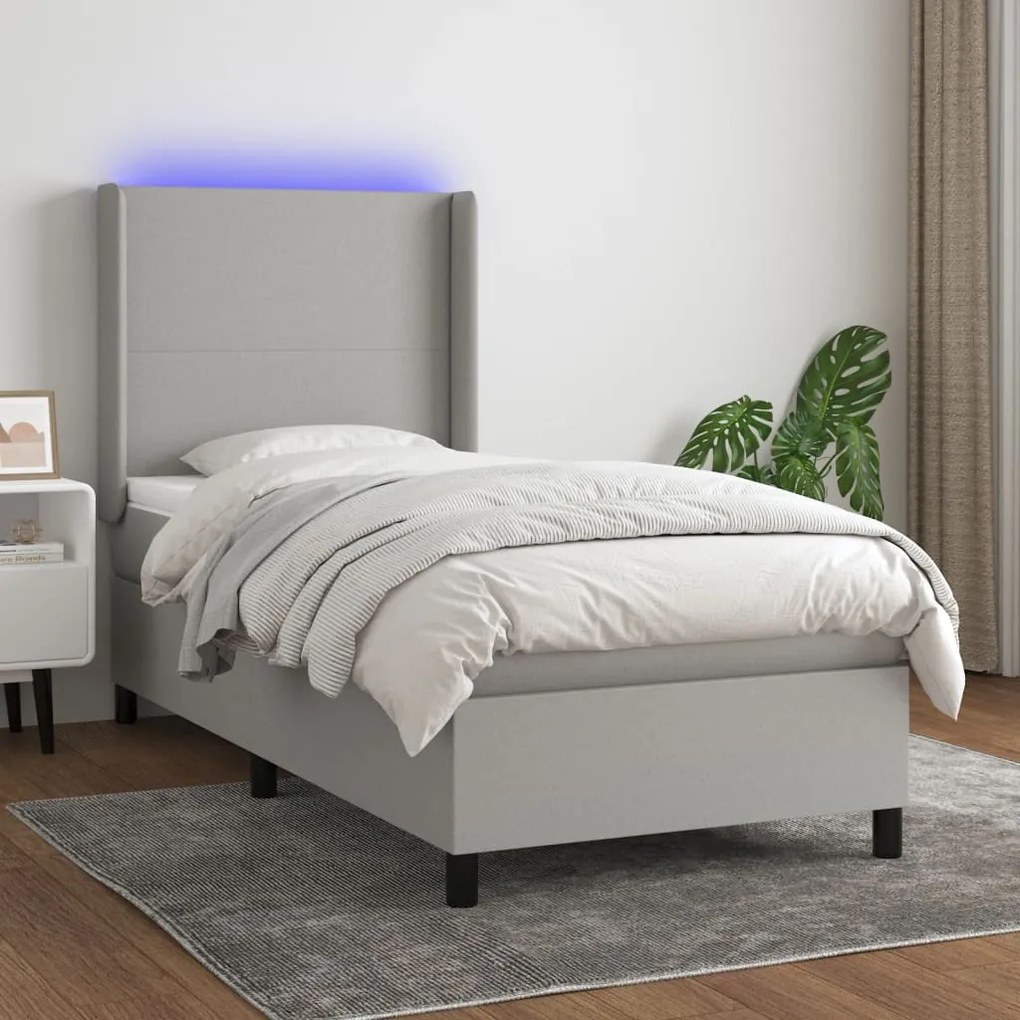 vidaXL Κρεβάτι Boxspring με Στρώμα &amp; LED Αν.Γκρι 90x200 εκ. Υφασμάτινο