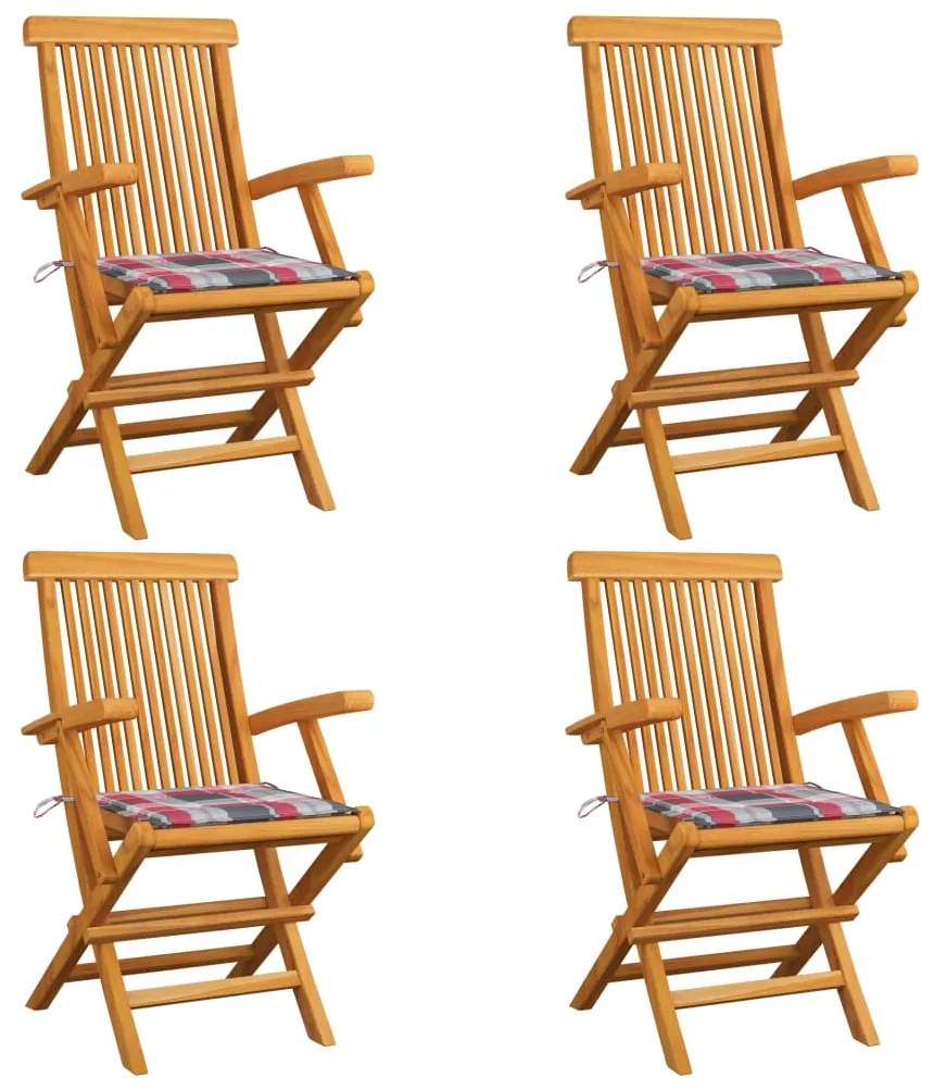 vidaXL Καρέκλες Κήπου 4 τεμ. Μασίφ Ξύλο Teak με Κόκκινα Καρό Μαξιλάρια
