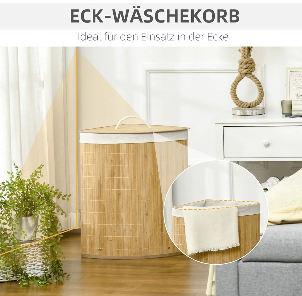 HOMCOM Καλάθι απλύτων 55 L με καπάκι, λαβή, διαλογέας απλύτων με αφαιρούμενη τσάντα πλυντηρίου για μπάνιο, μπαμπού, φυσικό