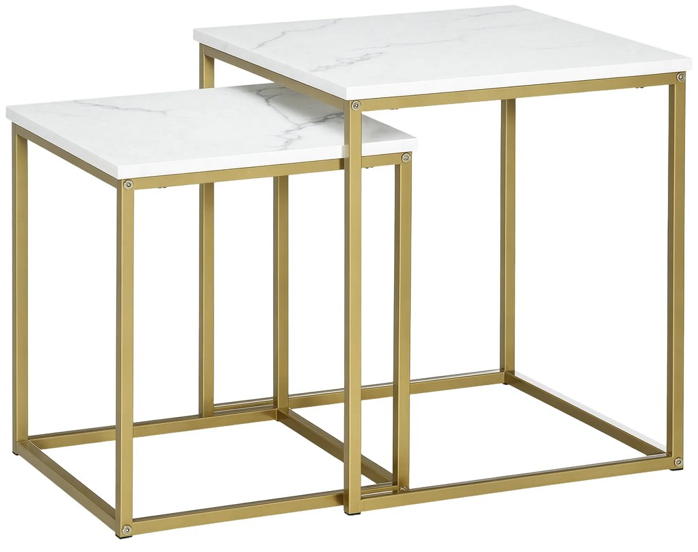 HOMCOM Σετ 2 Τραπεζάκια Σαλονιού, Στοιβαζόμενα Τραπεζάκια, Επιφάνεια σε Όψη Μαρμάρου, Χρυσό + Λευκό