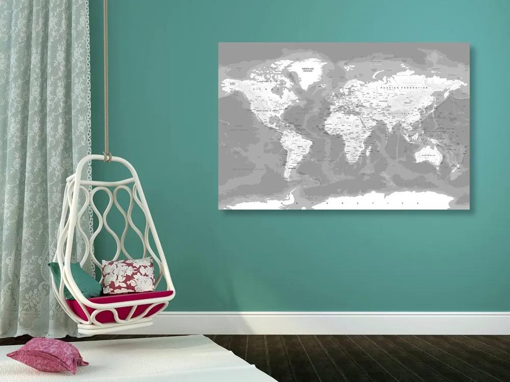 Εικόνα ενός μοντέρνου ασπρόμαυρου παγκόσμιου χάρτη σε φελλό - 120x80  arrow