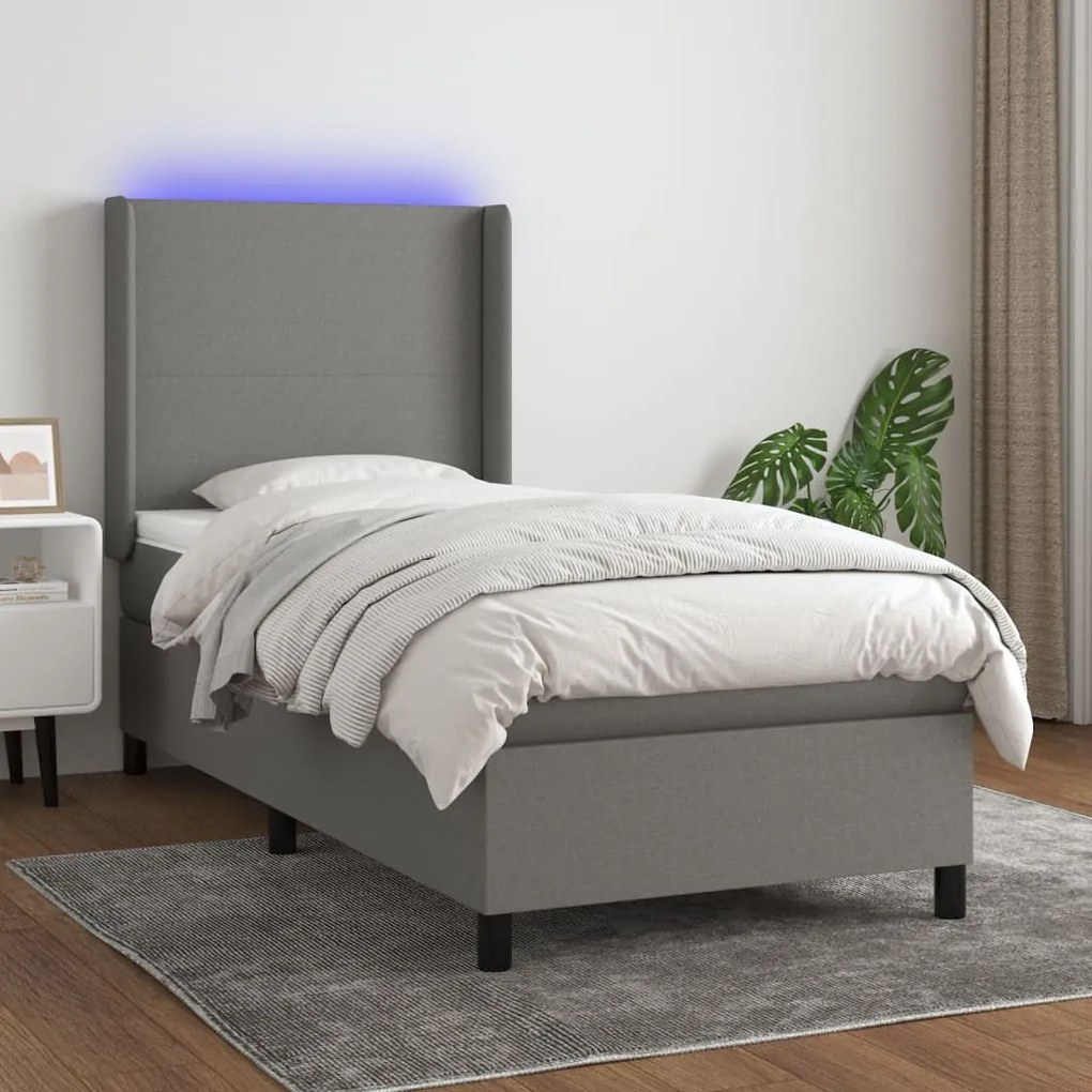 vidaXL Κρεβάτι Boxspring με Στρώμα &amp; LED Σκ.Γκρι 80x200 εκ. Υφασμάτινο