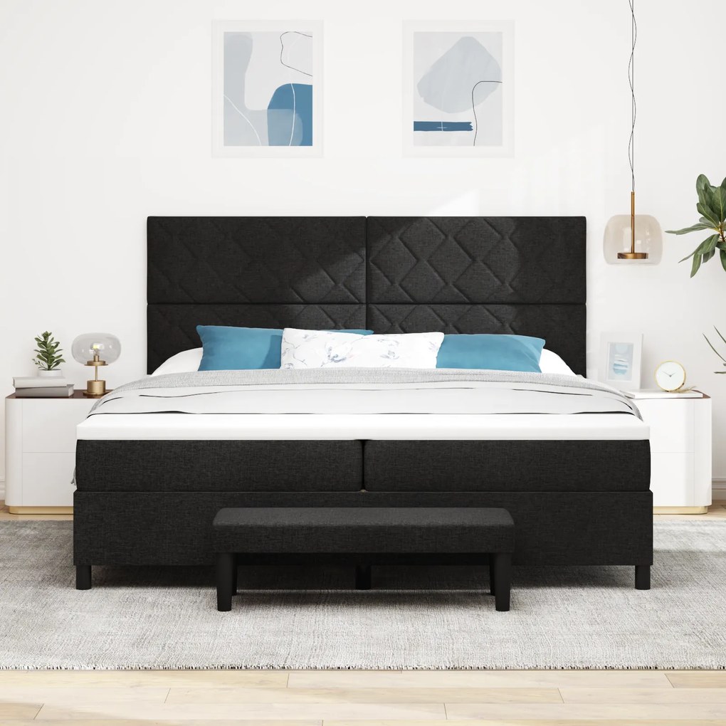 vidaXL Box Spring Bed με Στρώμα & Πάγκο Μαύρο 200x200 εκ. Ύφασμα