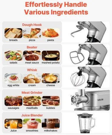 VEVOR Stand Mixer, 6 L Electric Kitchen Mixer, 1500W Dough-Mixer, 6+P Speeds Tilt-head Food-Mixer with 1.5 L Blender Cup, Stainless Steel Bowl, Dough Hook, Whisk, Beater, for Baking, Mixing, Silver