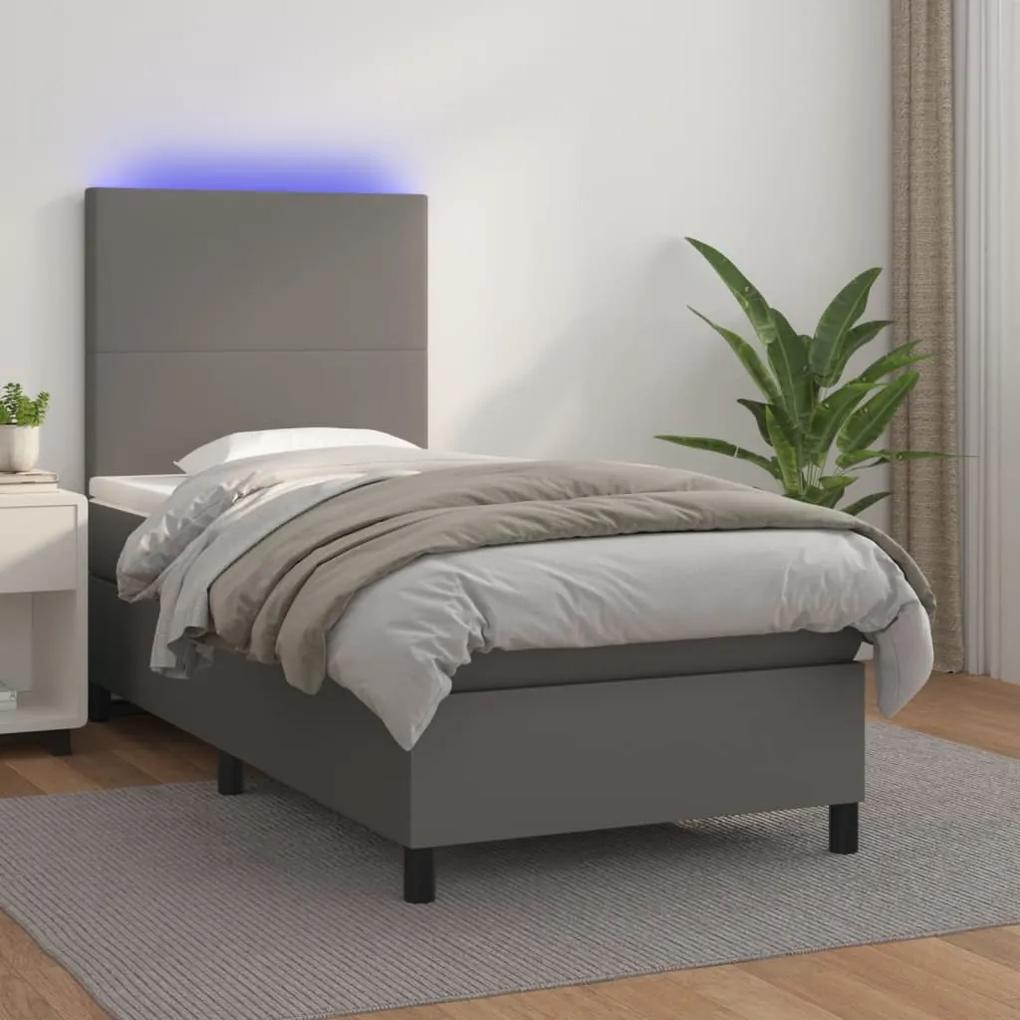 vidaXL Κρεβάτι Boxspring με Στρώμα & LED Γκρι 90x200 εκ. Συνθ. Δέρμα