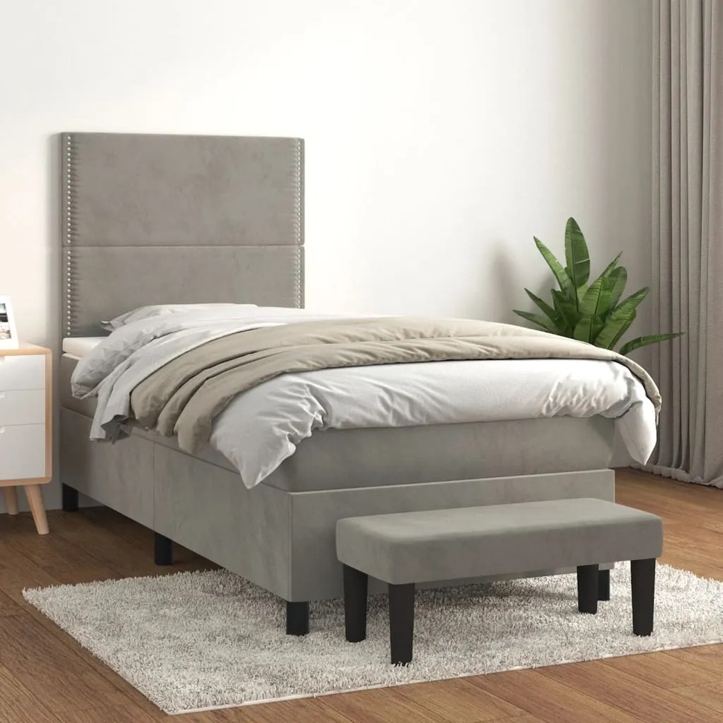 Κρεβάτι Boxspring με Στρώμα Ανοιχτό Γκρι 90x190 εκ. Βελούδινο - Γκρι