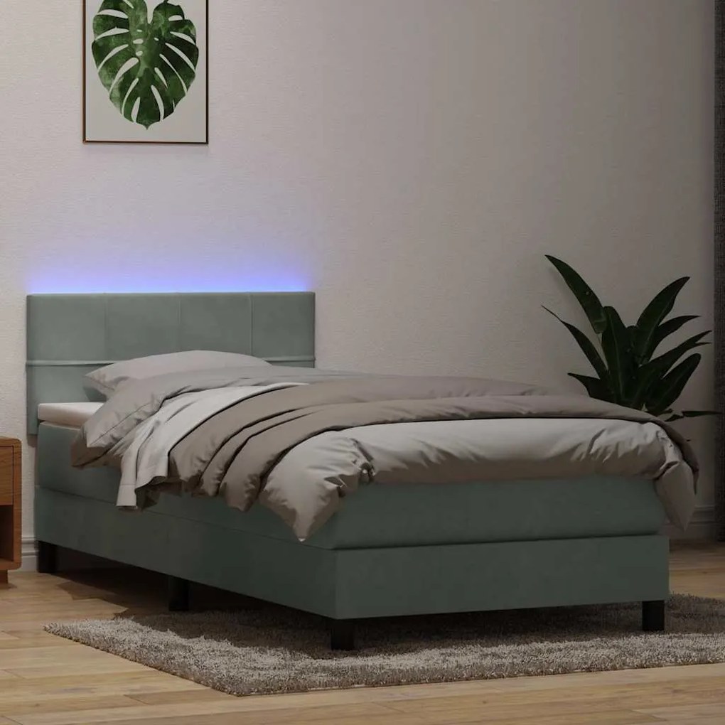 vidaXL Κρεβάτι Boxspring με Στρώμα &amp; LED ανοιχτό γκρι 90x220 εκ. Βελούδινο
