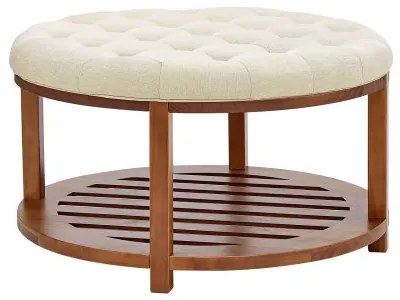 VEVOE Large Round Ottoman Coffee Table, 81 cm Tufted Coffee Table with Solid Wood Shelf Storage, Linen Solid Upholstered Footrest Ottoman for Bedroom Living Room, 350 LBS, Linen Color