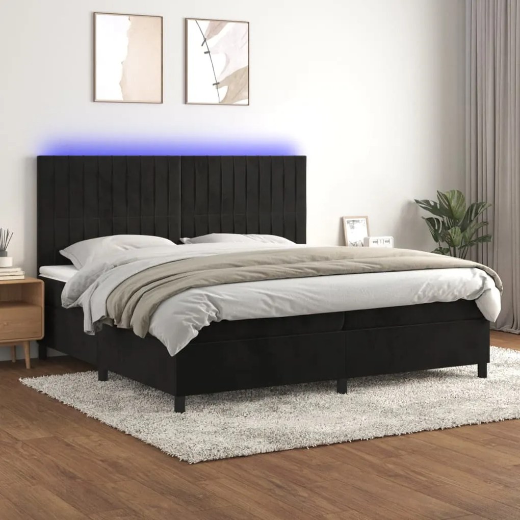 vidaXL Κρεβάτι Boxspring με Στρώμα & LED Μαύρο 200x200 εκ. Βελούδινο