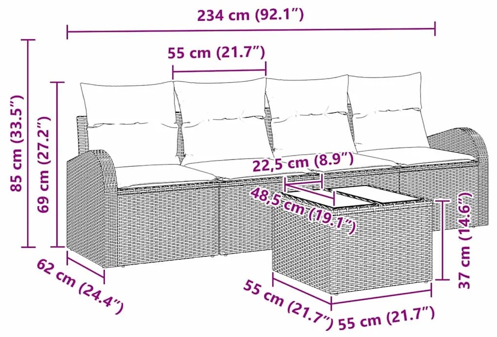 vidaXL Σετ Καναπέ Κήπου 5 pcs Γκρι Πολυεστέρας, Ρατάν και Γυαλί