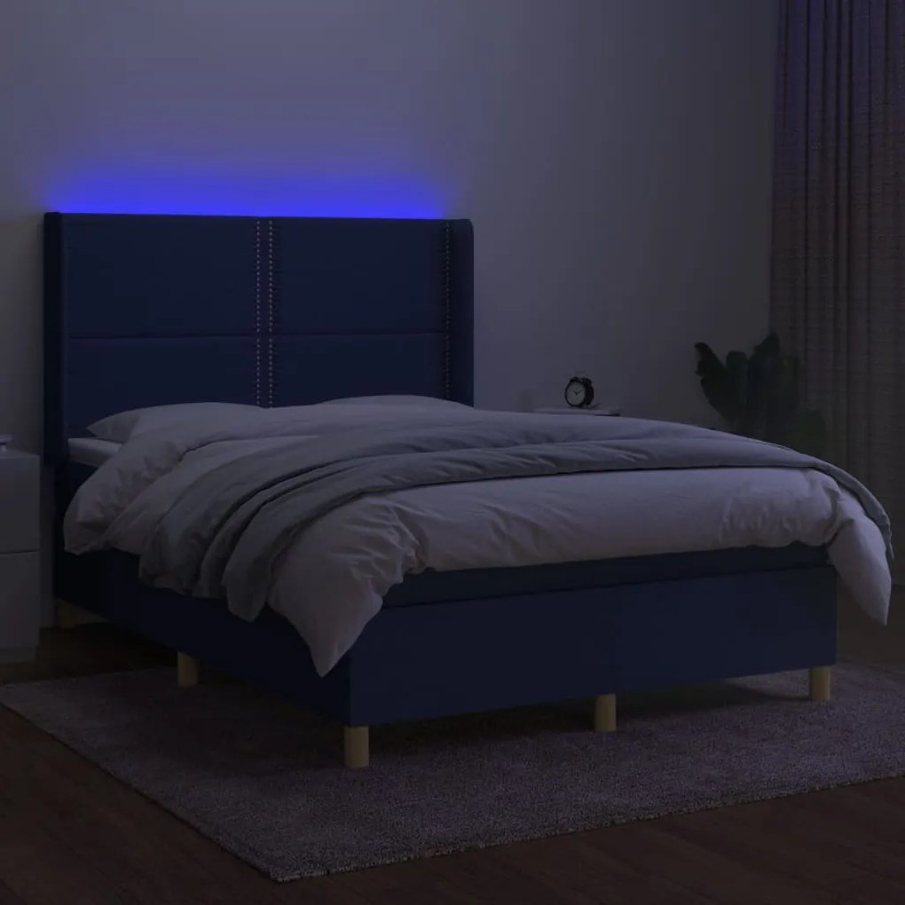 Κρεβάτι Boxspring με Στρώμα &amp; LED Μπλε 140x190 εκ. Υφασμάτινο - Μπλε