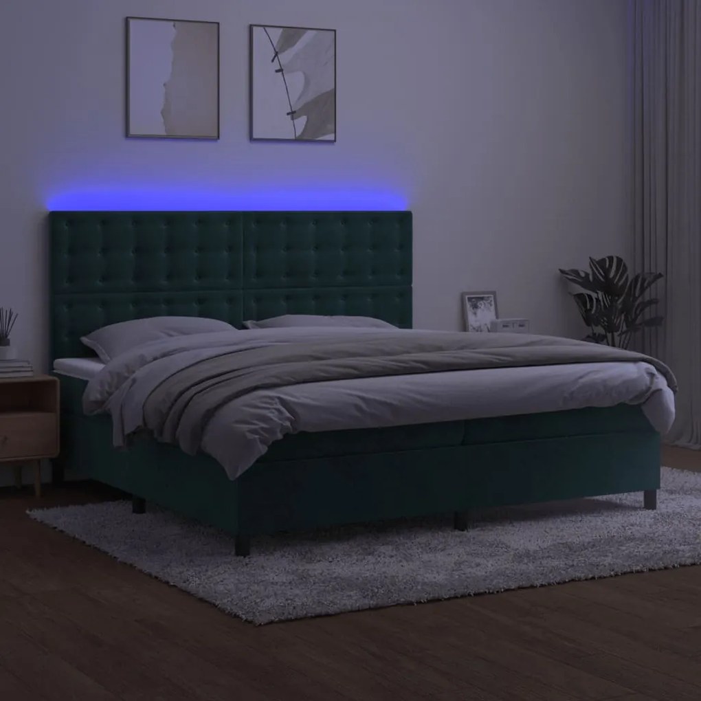 vidaXL Κρεβάτι Boxspring με Στρώμα & LED Σκ. Πράσινο 200x200εκ Βελούδο