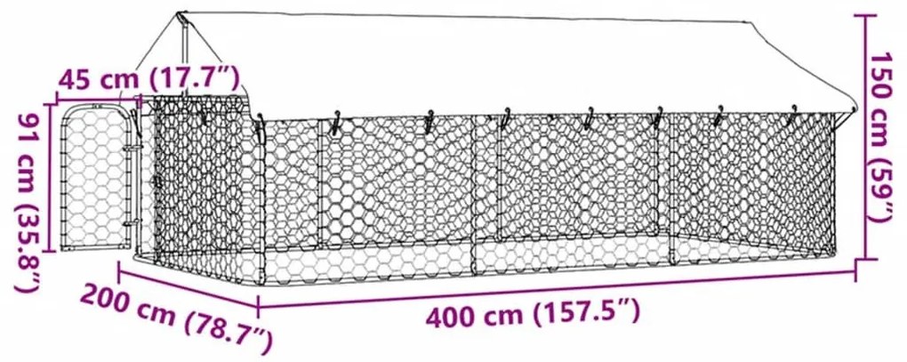 Κλουβί Σκύλου Εξωτερικού Χώρου 400 x 200 x 150 εκ. με Στέγαστρο - Ασήμι