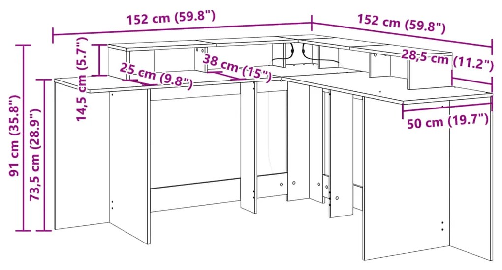 Γραφείο με LED Μαύρο 152x152x91 εκ. από Επεξεργασμένο Ξύλο - Μαύρο