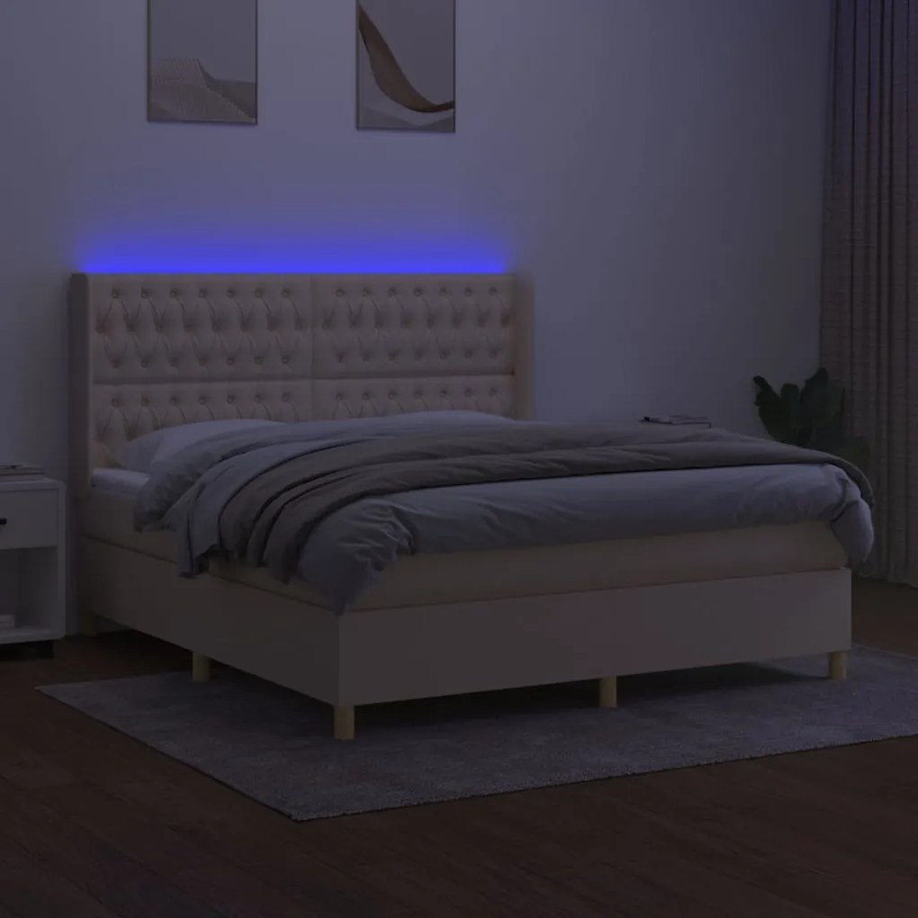 Κρεβάτι Boxspring με Στρώμα &amp; LED Κρεμ 160x200 εκ. Υφασμάτινο - Κρεμ