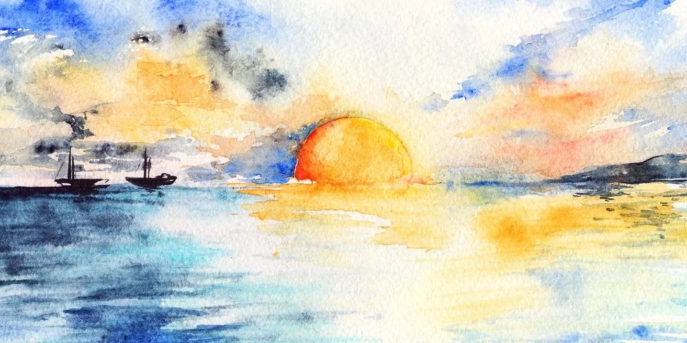 Εικόνα ακουαρέλα θάλασσα και ηλιοβασίλεμα - 120x60