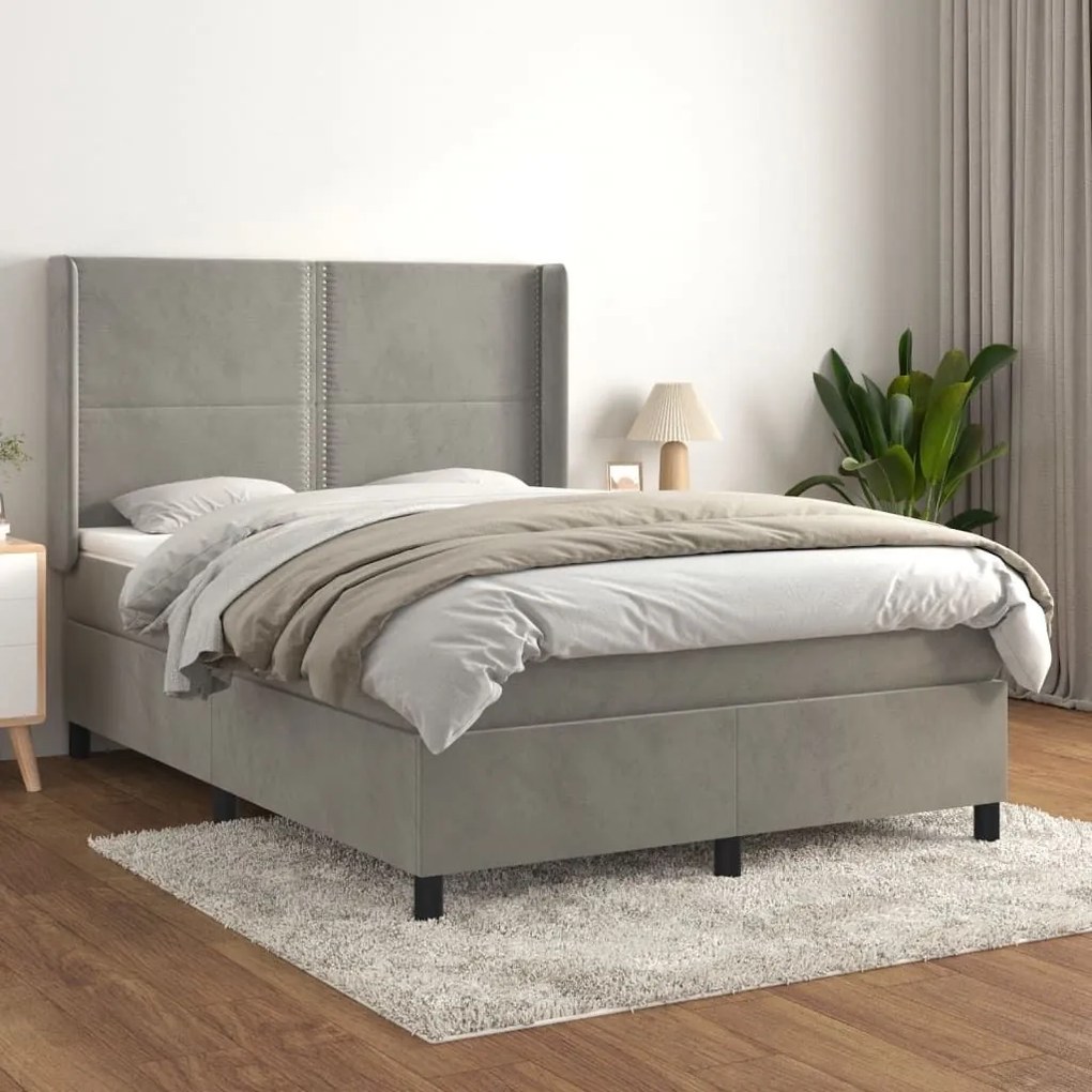 Κρεβάτι Boxspring με Στρώμα Ανοιχτό Γκρι 140x200 εκ. Βελούδινο - Γκρι