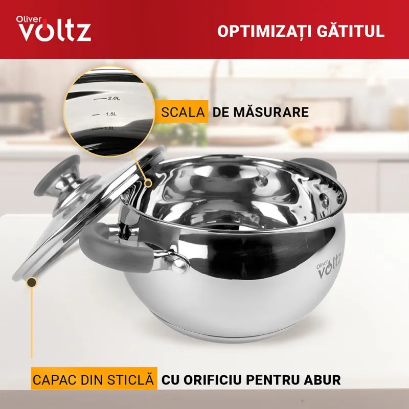 Κατσαρόλα Oliver Voltz OV51210N20, 20 cm, 3.5 l, Επαγωγή, Γκρι λαβές από σιλικόνη, Inox/Γκρί