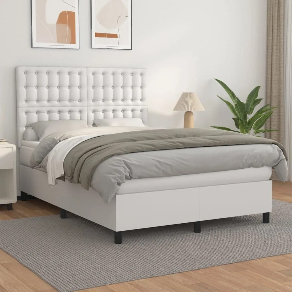 Κρεβάτι Boxspring με Στρώμα Λευκό 140x190εκ.από Συνθετικό Δέρμα - Λευκό