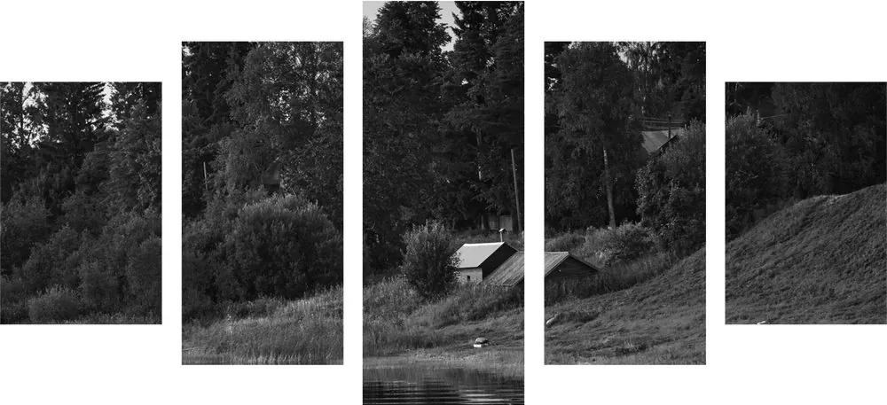 Παραμυθένια σπίτια 5 τμημάτων δίπλα στο ποτάμι σε ασπρόμαυρο - 100x50