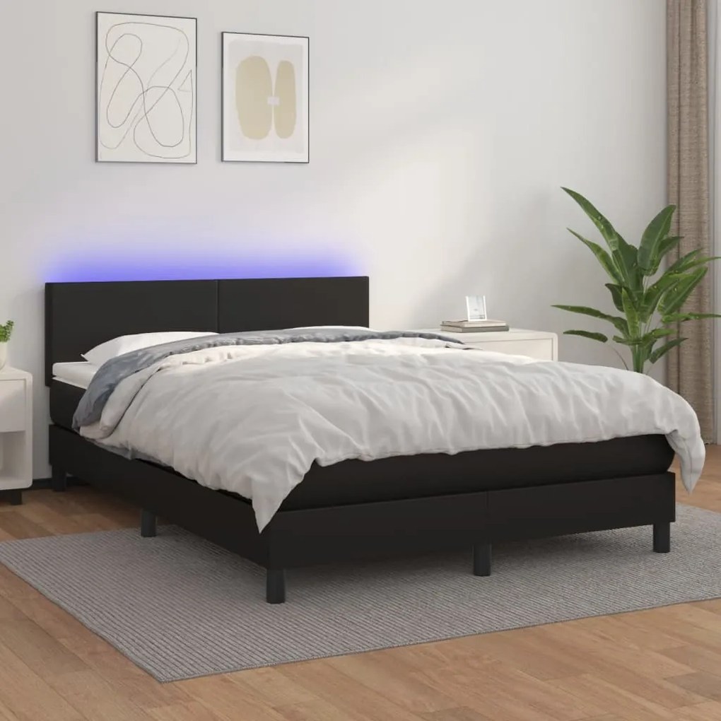 Κρεβάτι Boxspring με Στρώμα & LED Μαύρο 140x200 εκ. Συνθ. Δέρμα