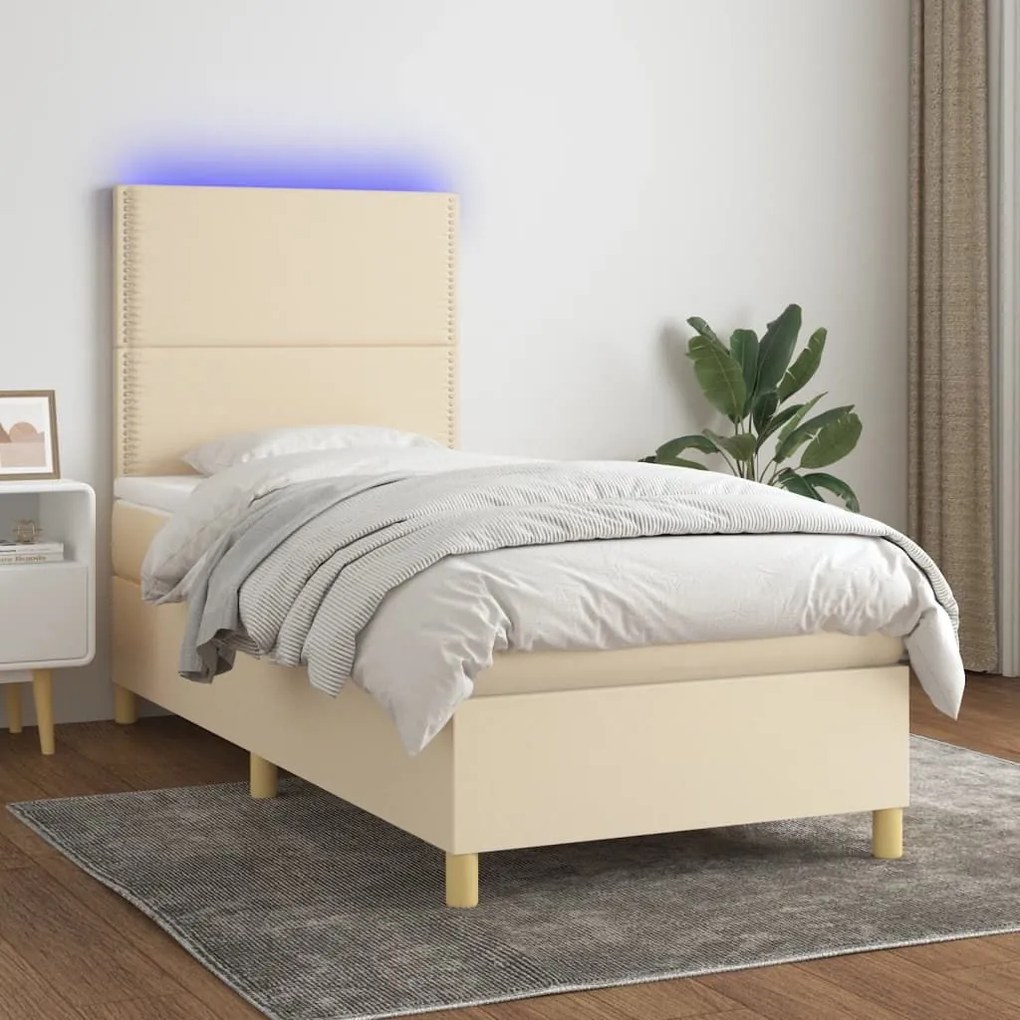 Κρεβάτι Boxspring με Στρώμα &amp; LED Κρεμ 90x190 εκ. Υφασμάτινο - Κρεμ