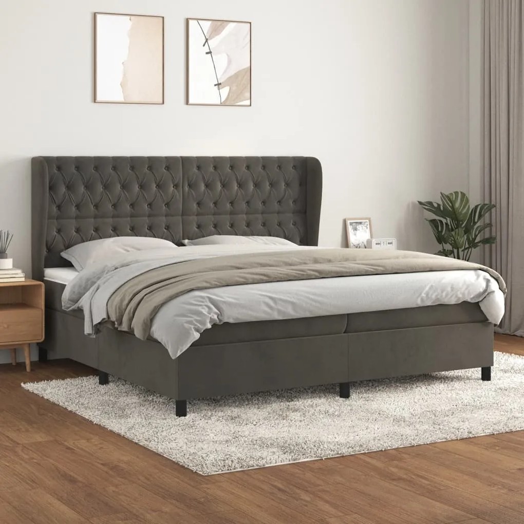 vidaXL Κρεβάτι Boxspring με Στρώμα Σκούρο Γκρι 200x200 εκ. Βελούδινο