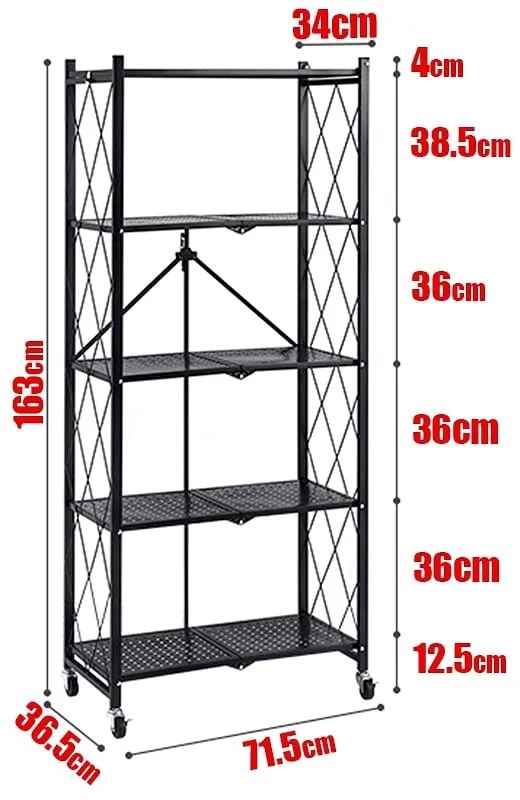 Τροχήλατη Ραφιέρα 5 Επιπέδων 163x71cm Μαύρο