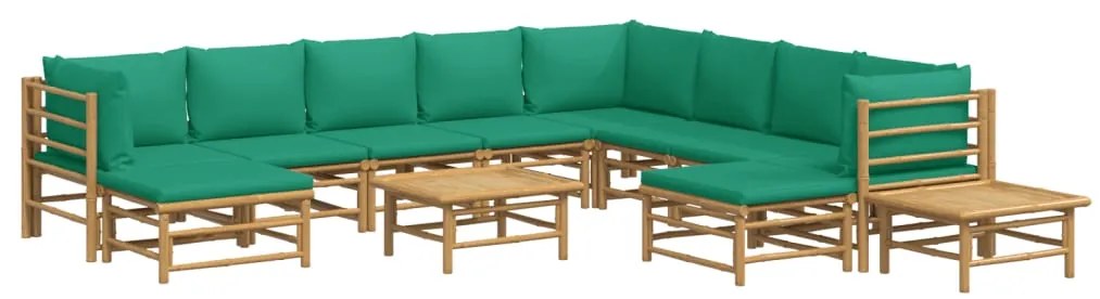 vidaXL Σαλόνι Κήπου Σετ 12 Τεμ. από Μπαμπού με Πράσινα Μαξιλάρια