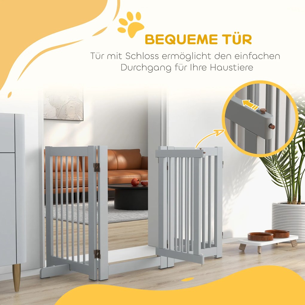 PawHut Αυτόνομο Πάνελ Σκύλου, 4 πάνελ, ευέλικτο, ξύλο πεύκου, 204L x 36W x 75H cm, Ανοιχτό Γκρι