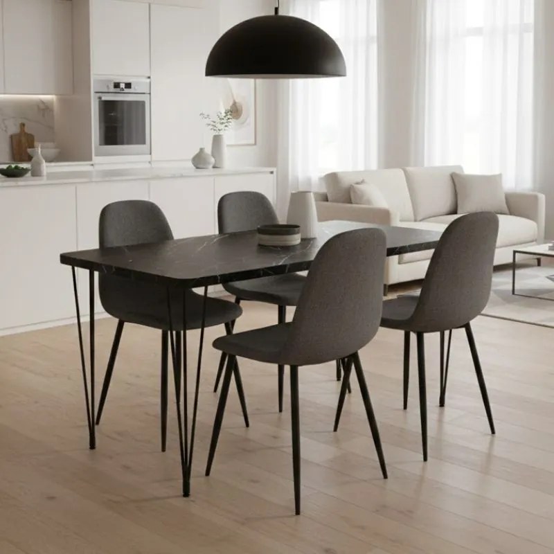 Σετ τραπεζαρία 5τμχ Roger - Iris Megapap Mdf - ύφασμα χρώμα μαύρο εφέ μαρμάρου - γκρι 120x70x75εκ.