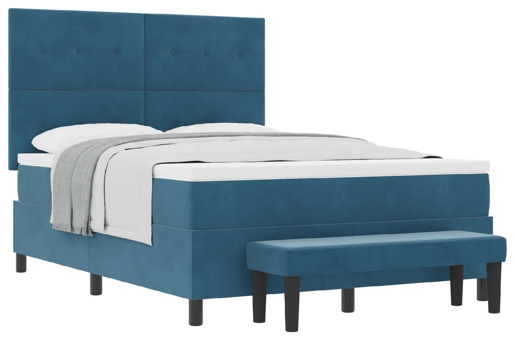 vidaXL Κρεβάτι Box Spring με Στρώμα & Παγκάκι Σκούρο Μπλε 160x200 εκ Βελούδο