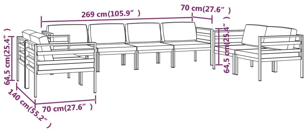 Σαλόνι Κήπου 8 Τεμαχίων Ανθρακί Αλουμινίου με Μαξιλάρια - Ανθρακί