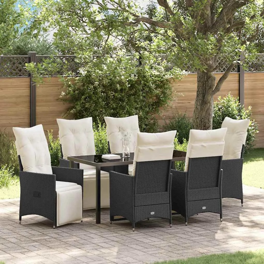 vidaXL Σέτ φαγητού για κήπο με μαξιλάρι 7 pcs Μαύρο Πολυ ράταν