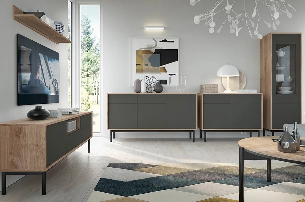 Σιφονιέρα Lima C101, Hickory δρυς, Γραφίτης, Με συρτάρια και ντουλάπια, 84x104x39cm