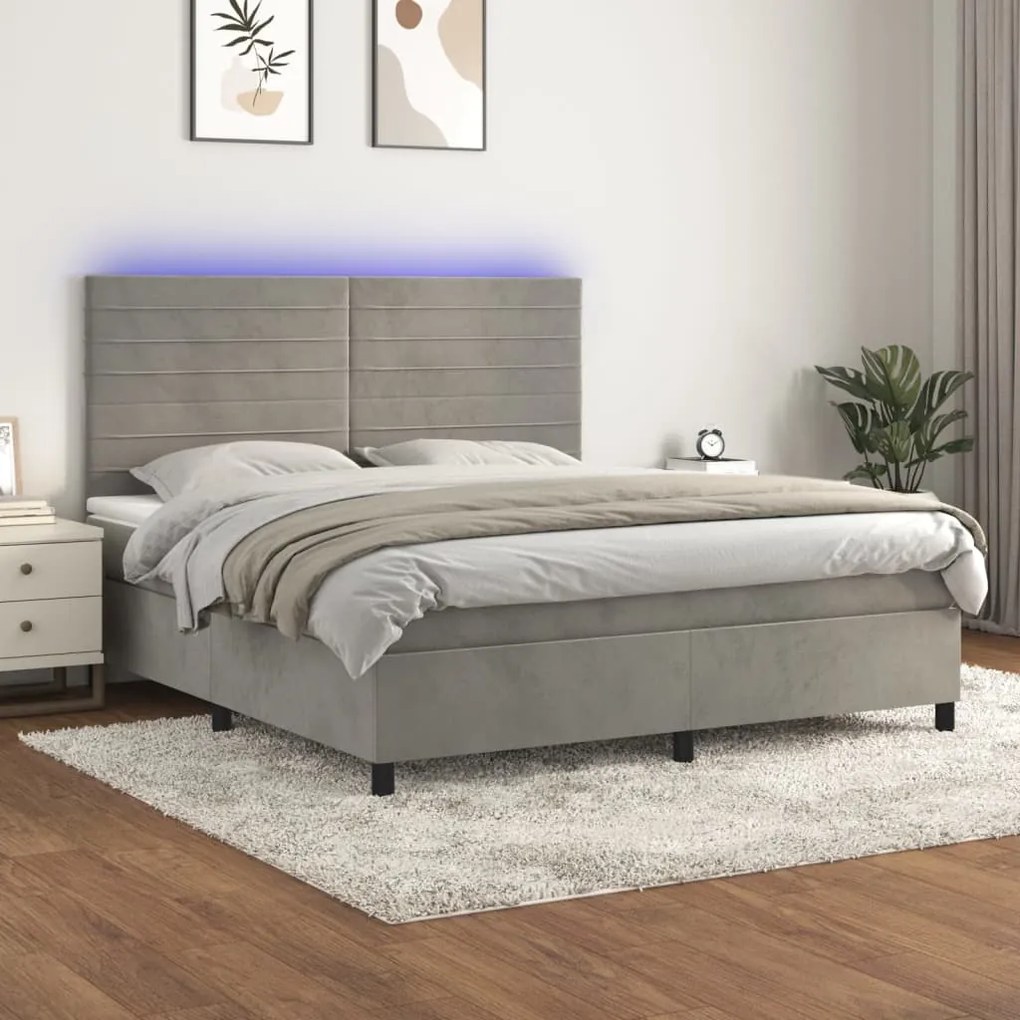 vidaXL Κρεβάτι Boxspring με Στρώμα & LED Αν.Γκρι 180x200 εκ. Βελούδινο