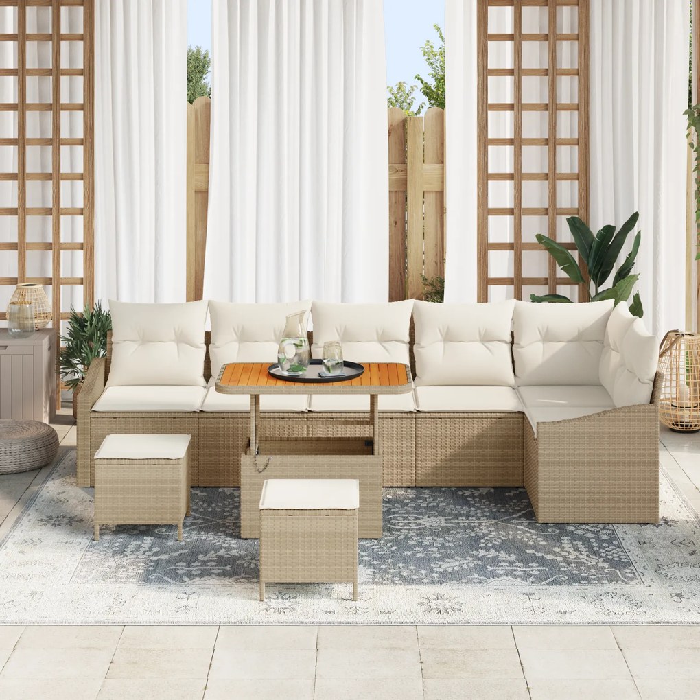 vidaXL Σετ Καναπέ Κήπου 9 Τεμαχίων με Μαξιλάρια Μπεζ Πολυ Ρατάν Ακακία