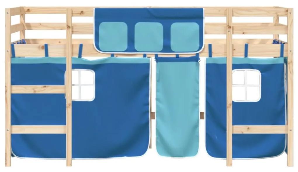 Υπερυψ. Κρεβάτι με Κουρτίνες Μπλε 90x200 εκ. Μασίφ Ξύλο Πεύκου - Μπλε