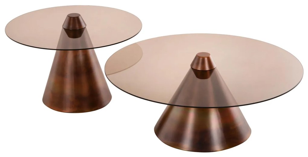 COFFEE TABLES 2PCS REBEN  METAL IN BURNED COPPER-SMOKE GLASS TOP Φ80 &amp; Φ60 cm.