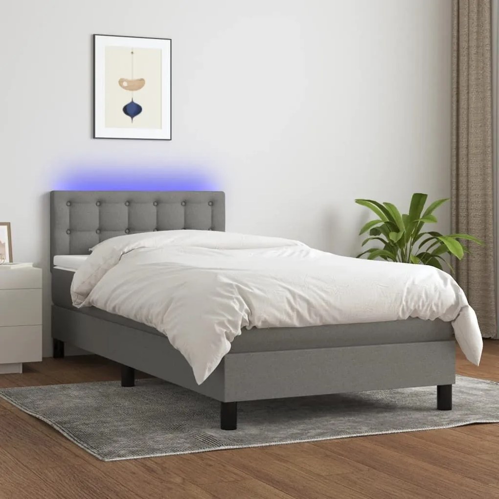 Κρεβάτι Boxspring με Στρώμα &amp; LED Σκ.Γκρι 100x200 εκ Υφασμάτινο - Γκρι