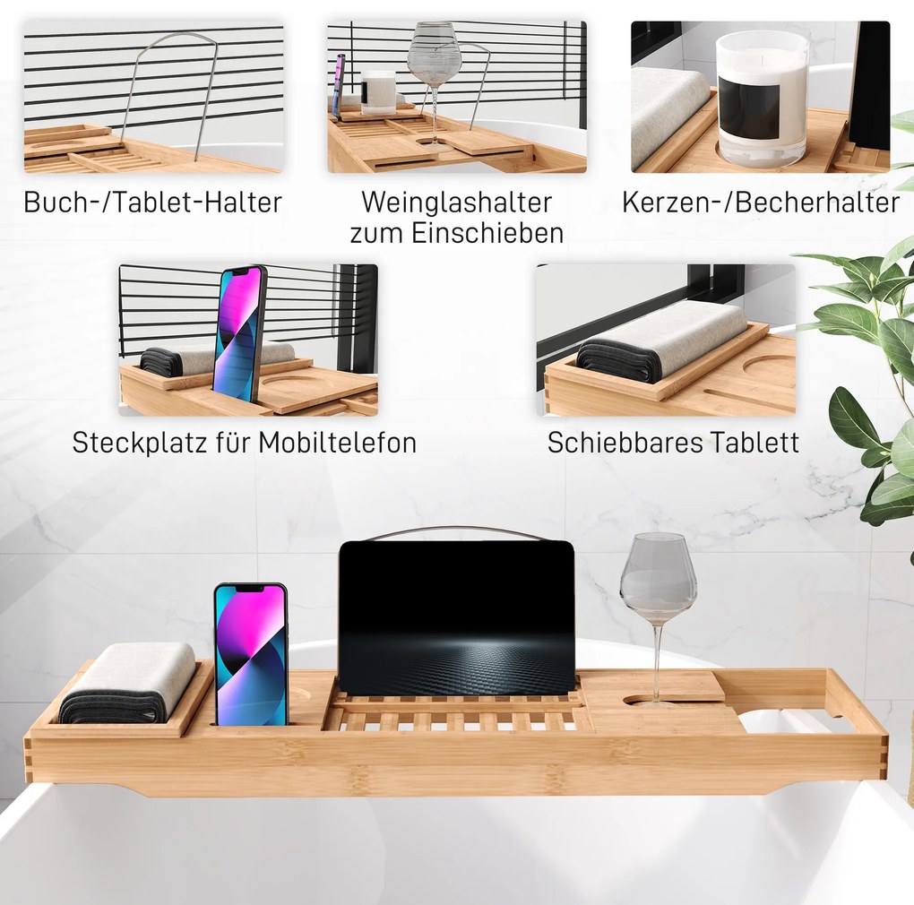 HOMCOM Επιτοίχιο μπάνιου από μπαμπού, ρυθμιζόμενο ταψί μπάνιου για βιβλίο, iPad, τηλέφωνο, SPA