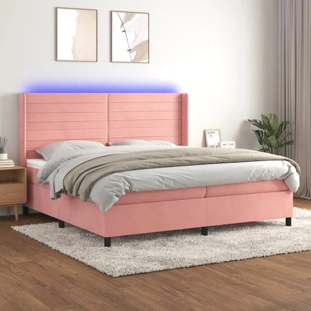 vidaXL Κρεβάτι Boxspring με Στρώμα &amp; LED Ροζ 200x200 εκ. Βελούδινο