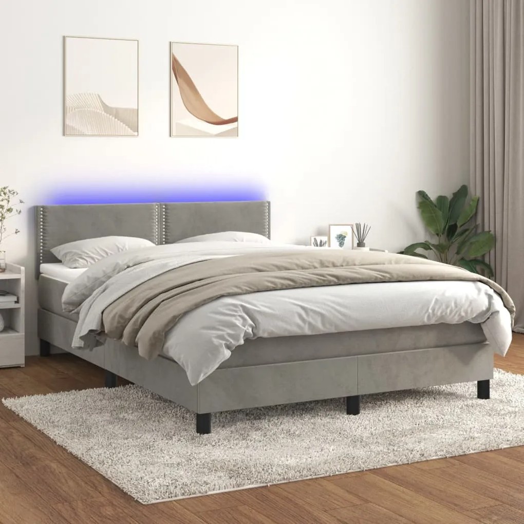 vidaXL Κρεβάτι Boxspring με Στρώμα & LED Αν.Γκρι 140x200 εκ. Βελούδινο