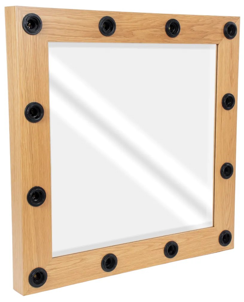 GloboStar® MAKEUP MIRROR-80x80-1 Μοντέρνος Καθρέπτης Μακιγιάζ με Πλαίσιο Φυσικού Ξύλου με Διακόπτη On/Off 12 x E27 AC220-240V - Μ80 x Π7 x Υ80cm - Μπεζ Δρυς