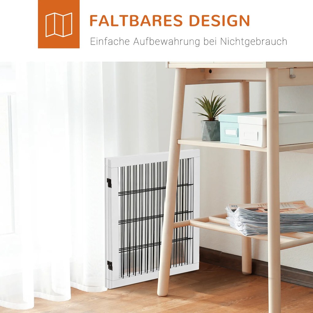 PawHut Πτυσσόμενο Φράγμα Σκύλου με Πόδια Στήριξης, Πύλη Ασφαλείας για Σκύλους, Πύλη Τζακιού & Σόμπας, Ξύλο Πεύκου Λευκό 185 x 36 x 71 cm