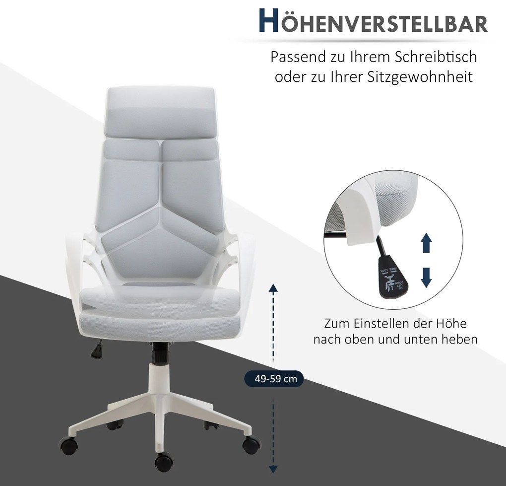 HOMCOM Εργονομική Καρέκλα Γραφείου, Διχτυωτό Ύφασμα, Ρυθμιζόμενο Ύψος, Περιστρεφόμενη, Καρέκλα Γραφείου με Ρόδες, Γκρι+Λευκό