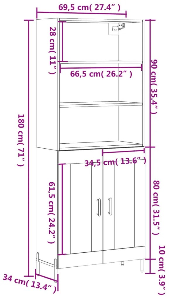 Ντουλάπι Καφέ Δρυς 69,5 x 34 x 180 εκ. από Επεξεργασμένο Ξύλο - Καφέ